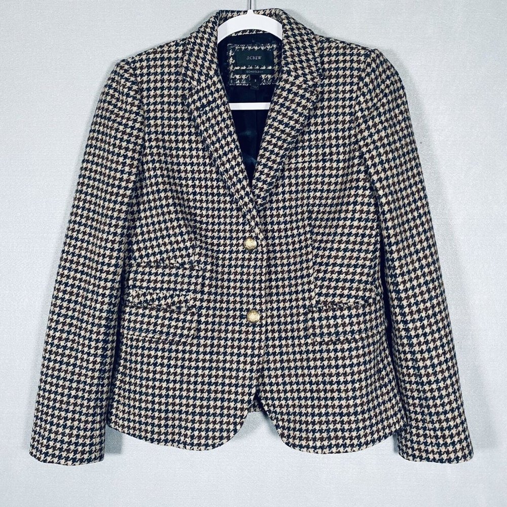 J Crew Schoolboy Blazer Womens 2 Brown 100% Wool Houndstooth Jacket Gold